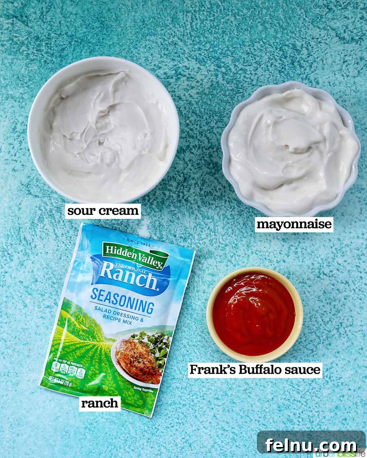 Ingredients for Buffalo Ranch Sauce.