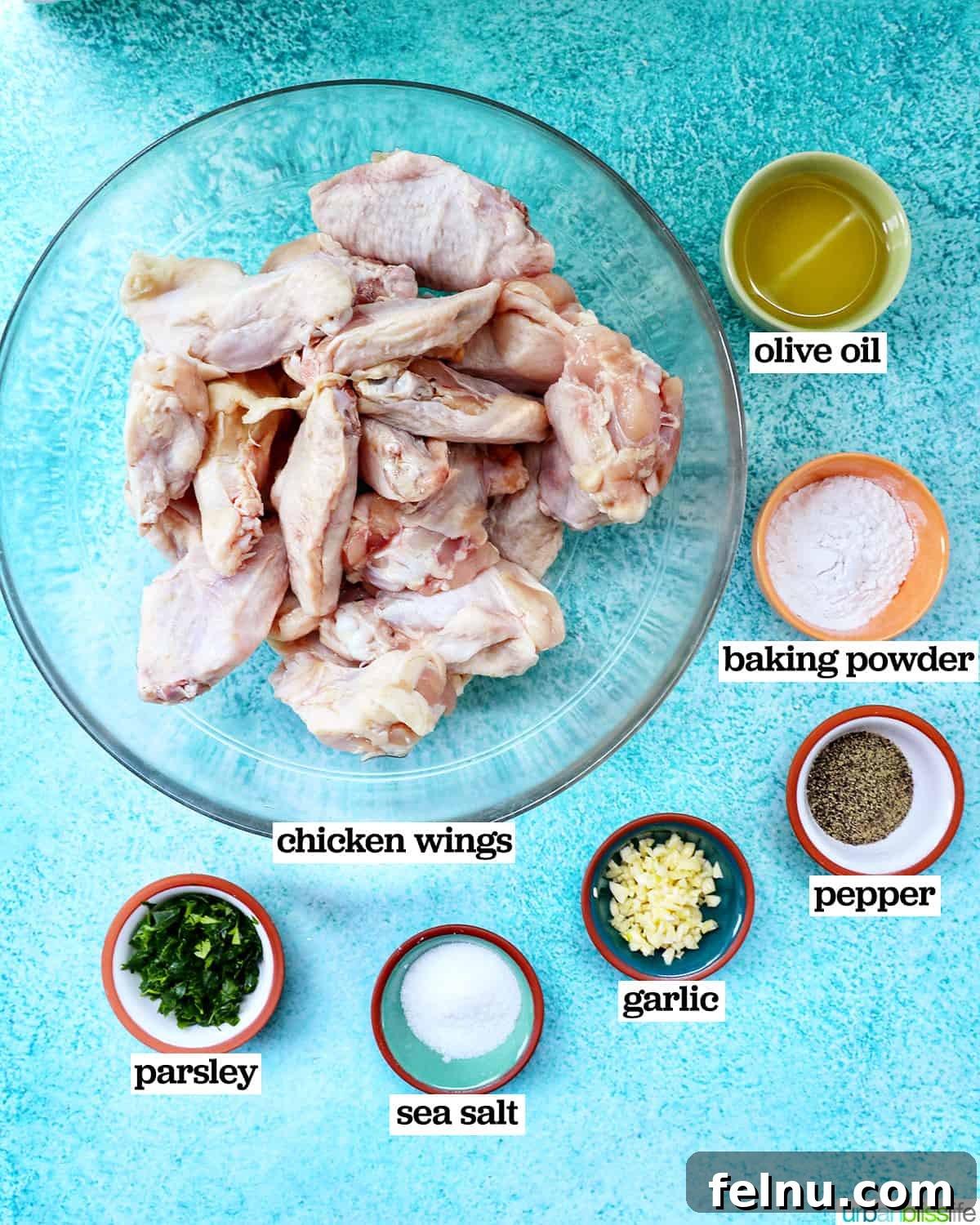 Ultimate Crispy Salt and Pepper Wings 4 bowls of ingredients to make salt and pepper chicken wings.