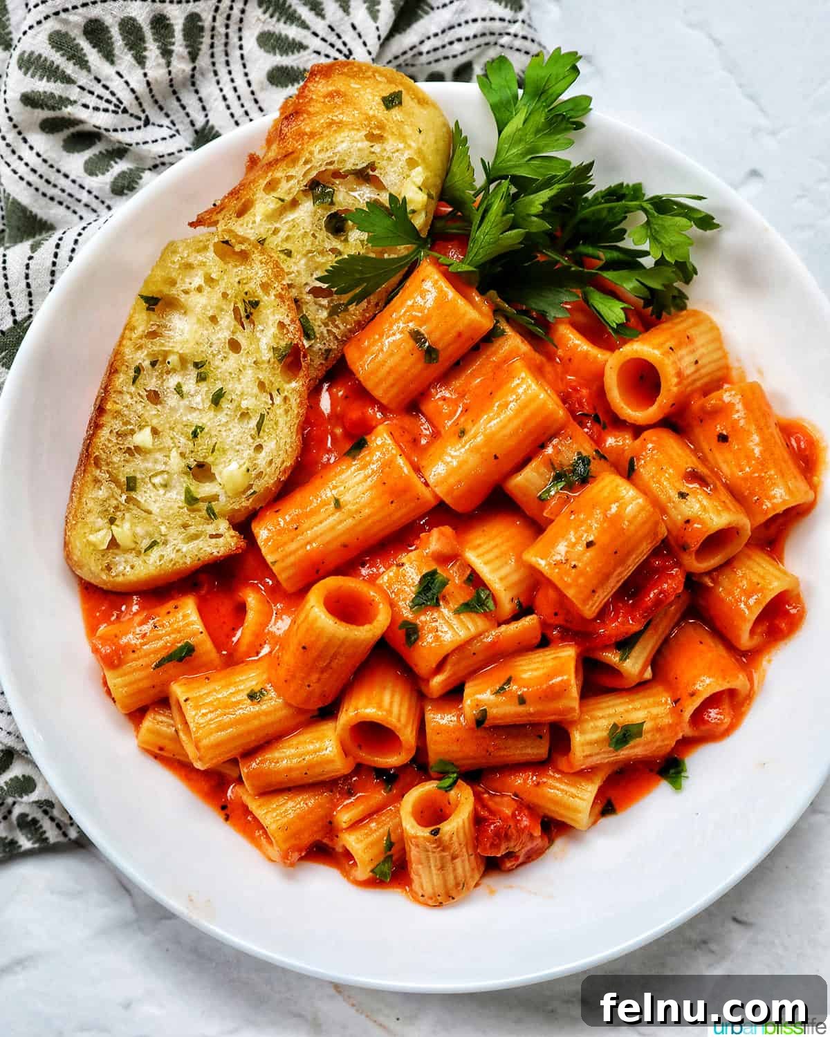 Creamy Dreamy Rigatoni: A Vodka Sauce Delight 2 Rigatoni with Vodka Sauce served with garlic bread and parsley