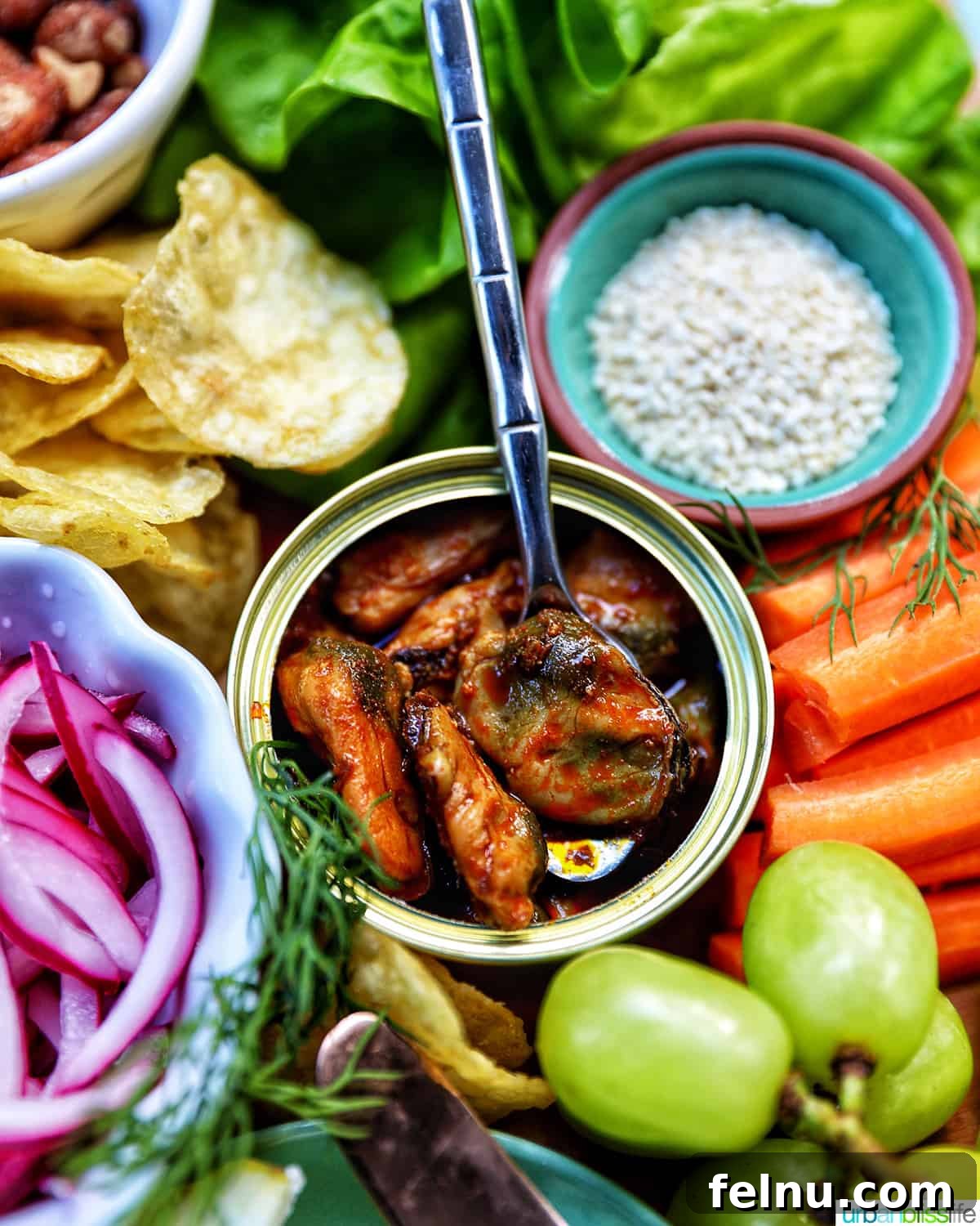 Close-up image of a seacuterie board highlighting the textures and vibrant colors of the diverse ingredients.