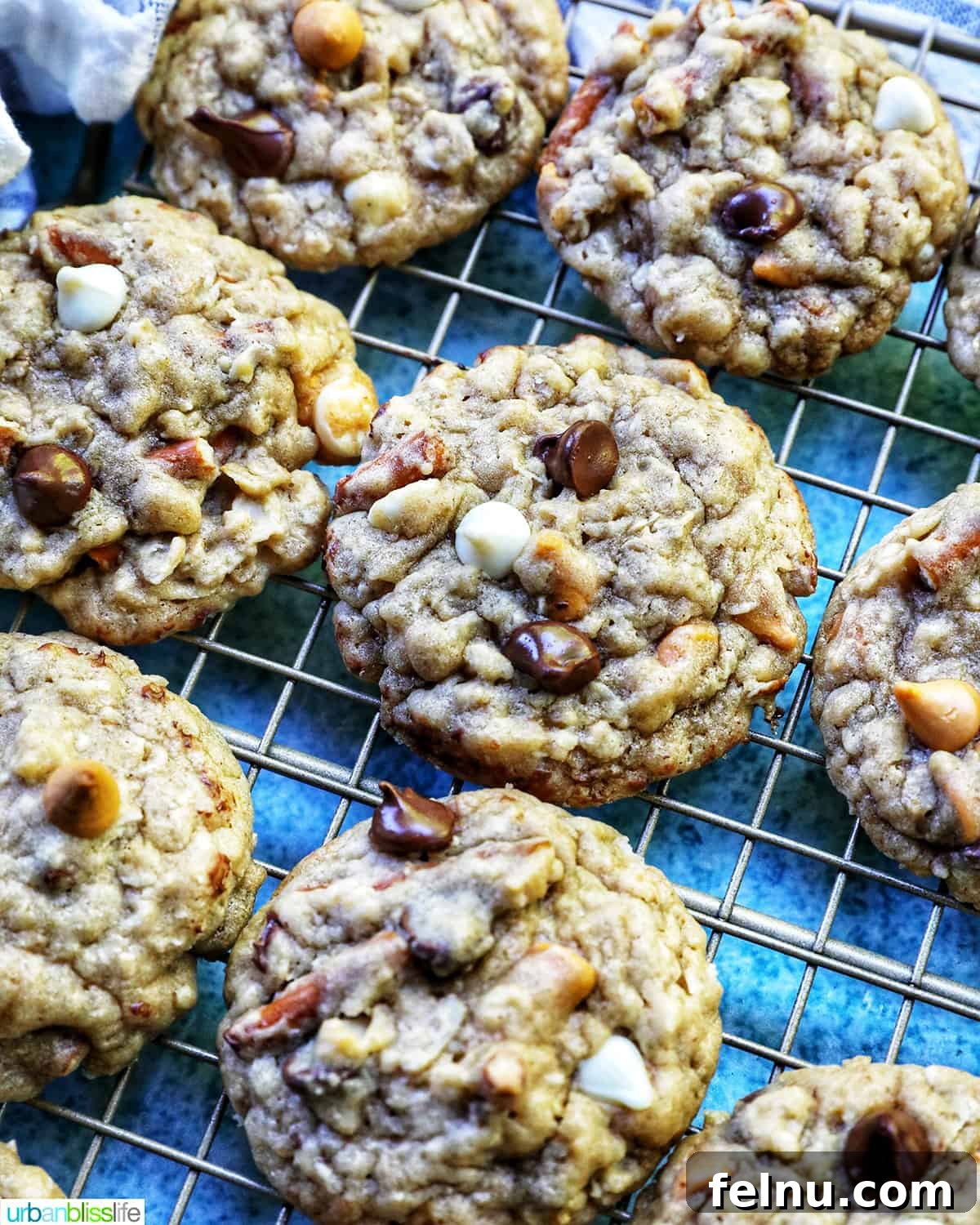 chocolate chip pretzel cookies on a cooling rack.