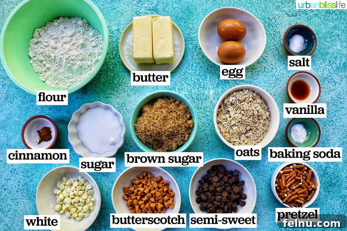 bowls of ingredients to make chocolate chip pretzel cookies.