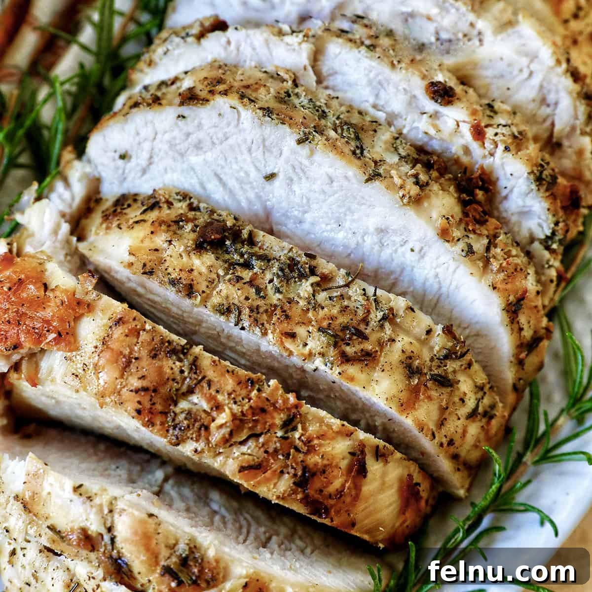 Crispy and Tender Air Fryer Turkey Breast 15 A close-up of a beautifully cooked and sliced air fryer turkey breast, garnished with fresh rosemary.