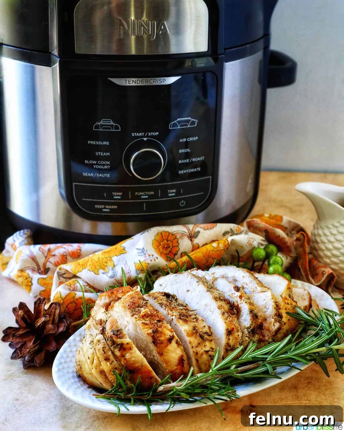 Crispy and Tender Air Fryer Turkey Breast 18 Slices of air fryer turkey breast with herbs on a plate, positioned in front of an air fryer.
