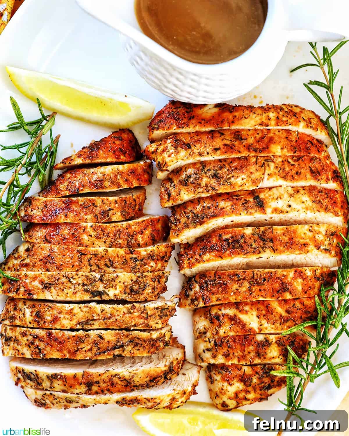 Perfect Air Fryer Turkey Tenderloin 2 Perfectly sliced air fryer turkey tenderloin, garnished with fresh herbs, ready to be served for a festive or everyday meal.
