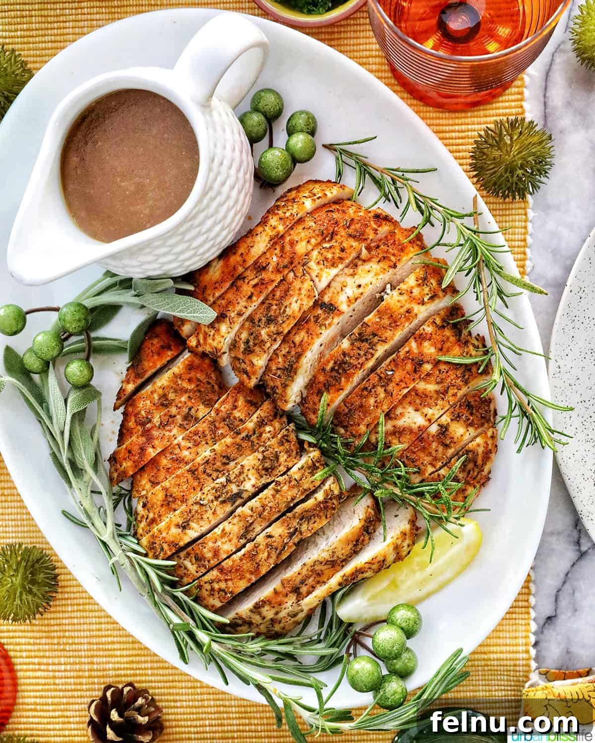 Perfect Air Fryer Turkey Tenderloin 14 A beautifully presented dish featuring sliced turkey tenderloin, fresh herbs, lemon slices, gravy, and a bottle of fine wine.