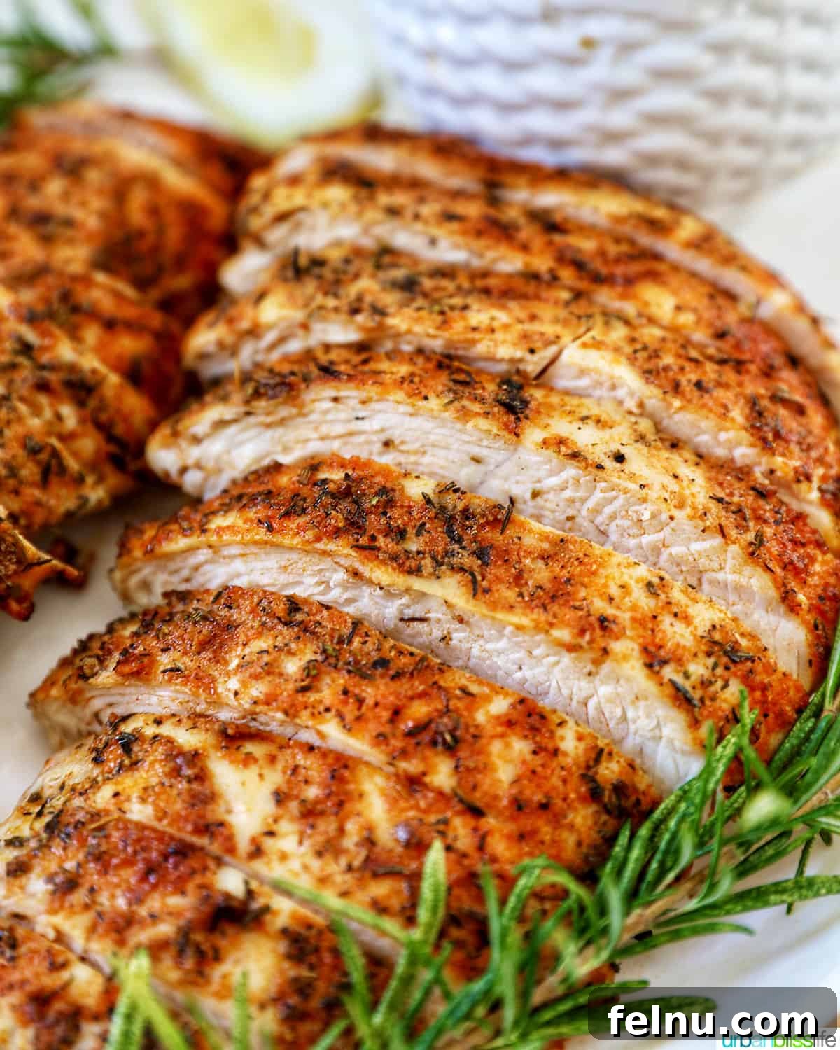 Perfect Air Fryer Turkey Tenderloin 3 Two exquisitely sliced air fryer turkey tenderloins arranged on a plate, adorned with vibrant fresh herbs and bright lemon slices.