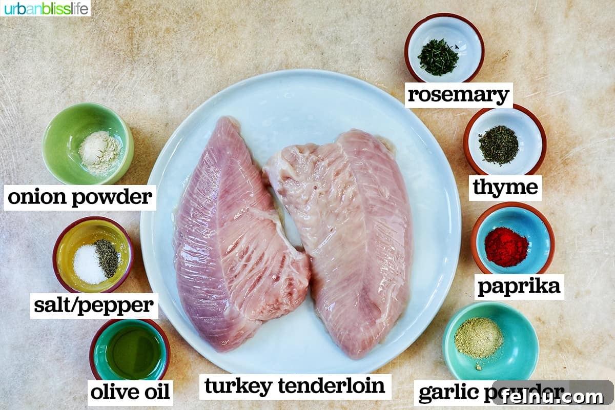 Perfect Air Fryer Turkey Tenderloin 4 Bowls filled with fresh turkey tenderloin, olive oil, and a vibrant blend of spices, prepped and ready for the air fryer.