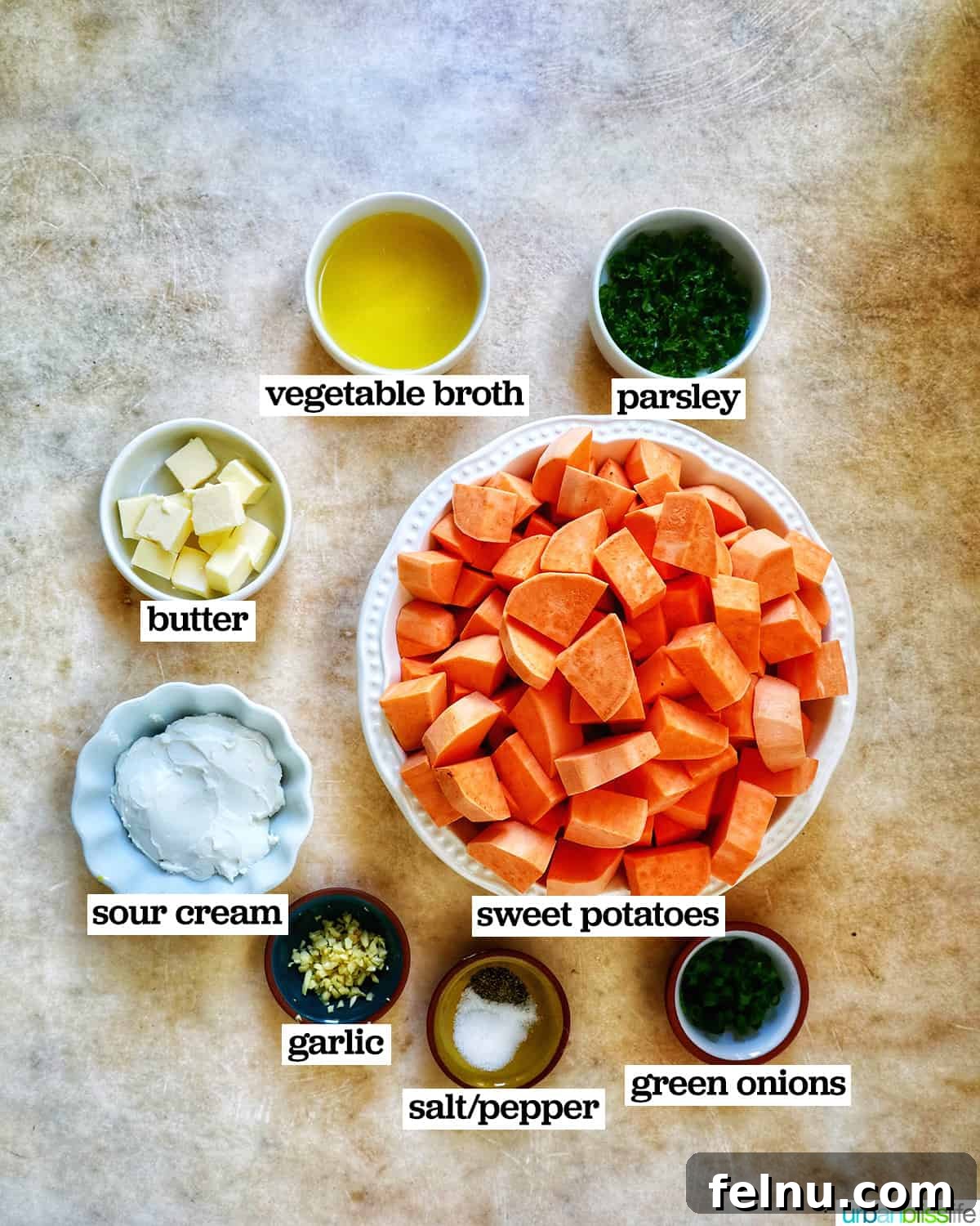 Silky Sweet Potato Puree 4 bowls of ingredients to make mashed sweet potatoes.