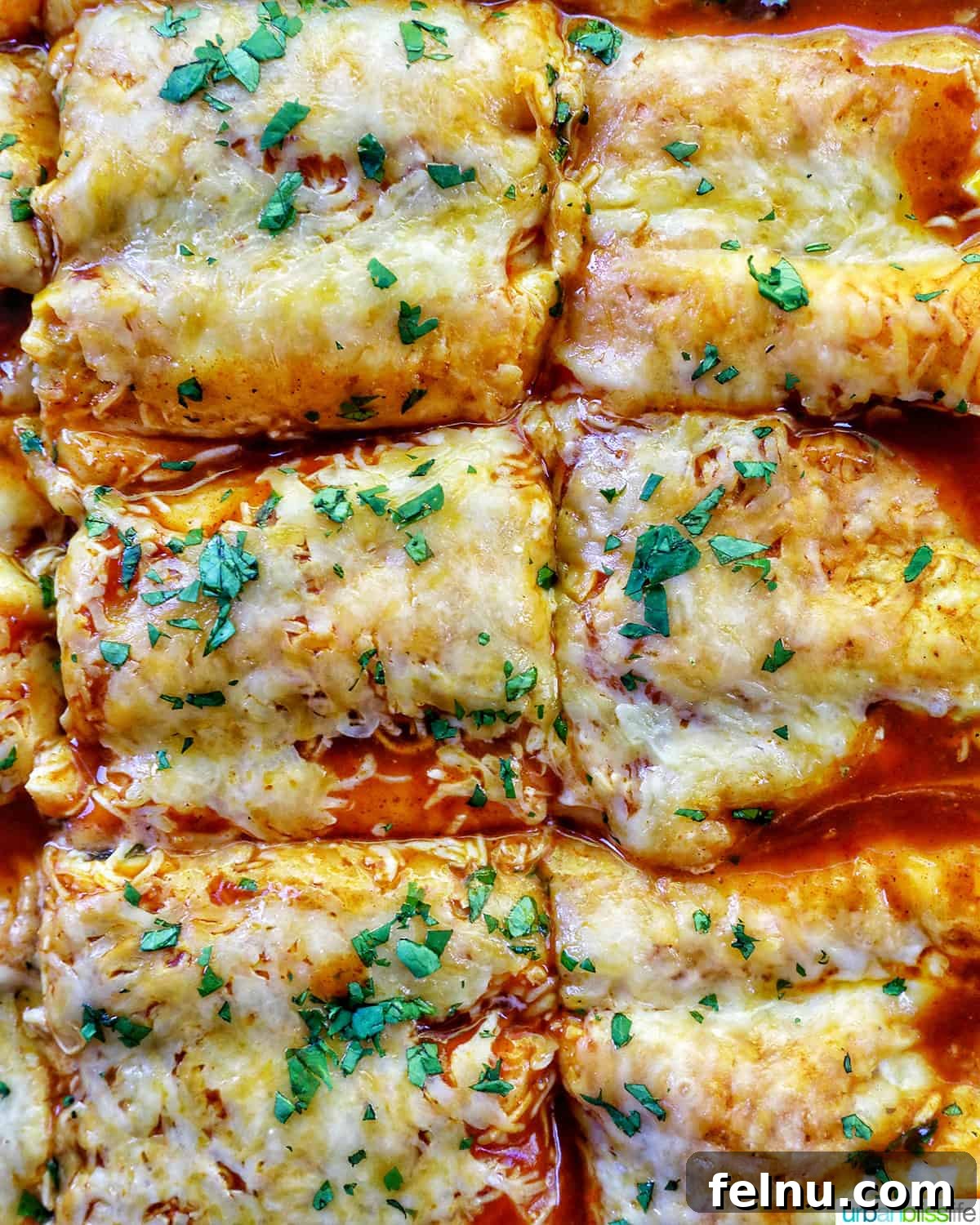 Delicious Leftover Turkey Enchilada Casserole 2 Cheesy turkey enchilada casserole sliced into squares with fresh herbs as garnish, ready to serve.