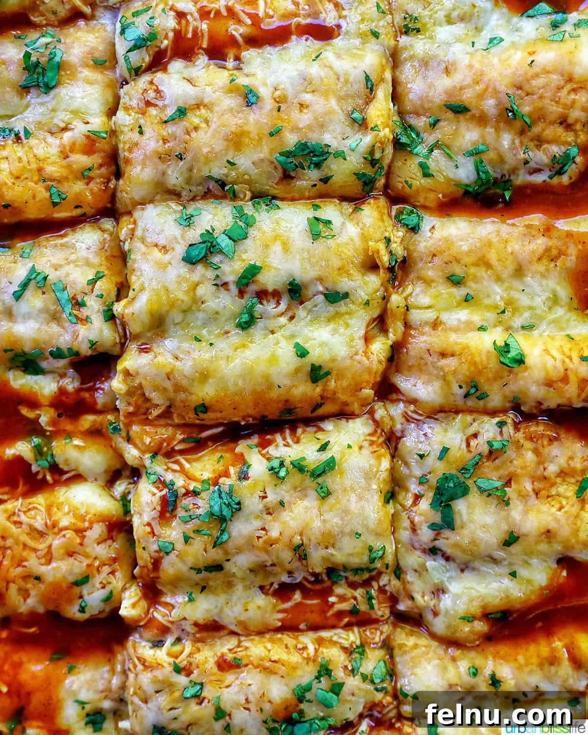 Delicious Leftover Turkey Enchilada Casserole 14 Close-up of cheesy turkey enchilada casserole sliced into squares, garnished with fresh herbs.