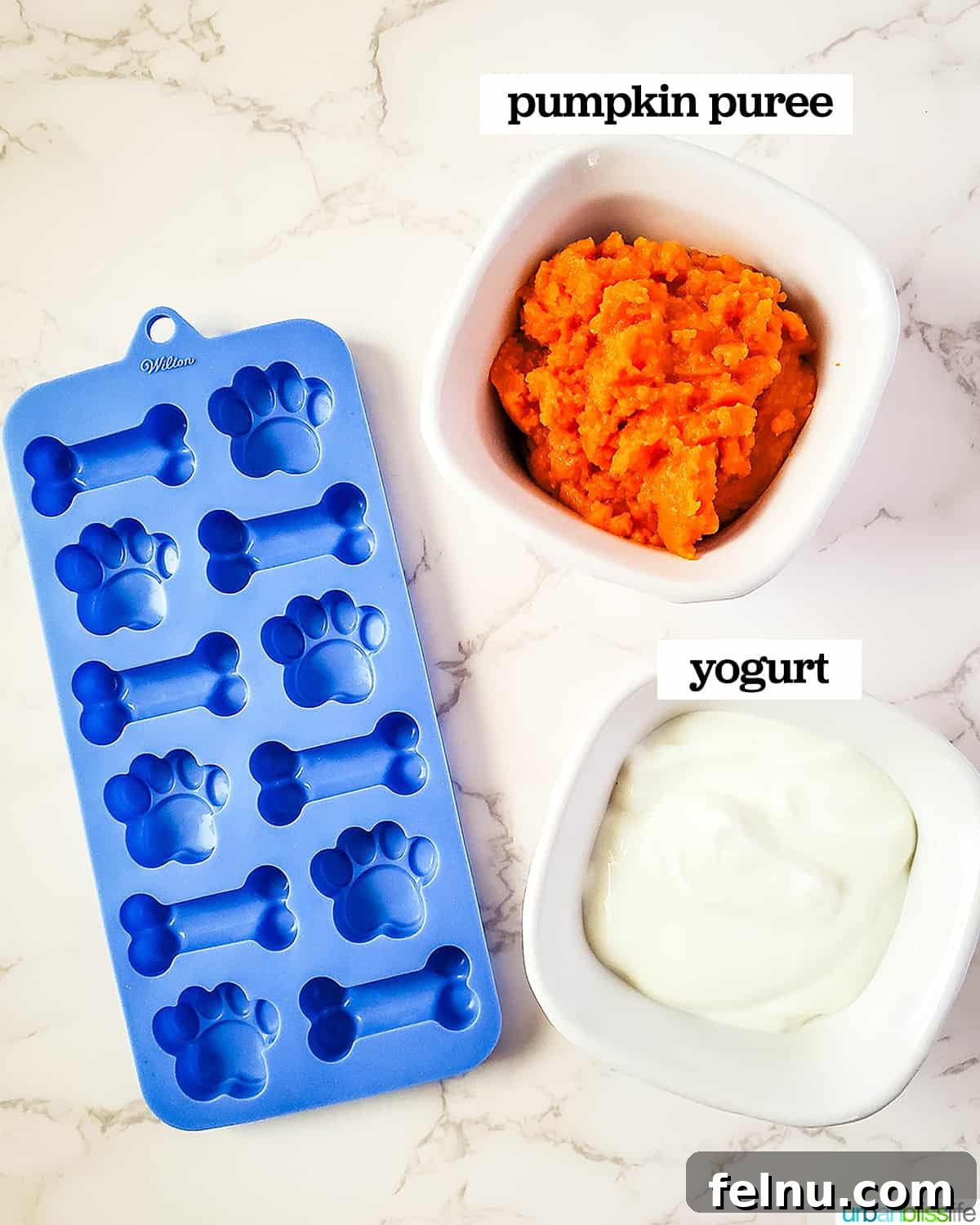 Easy Frozen Pumpkin Pupsicles 4 A dog treat silicone mold is placed next to a bowl of pumpkin puree and a bowl of plain yogurt, showcasing the two simple ingredients needed.