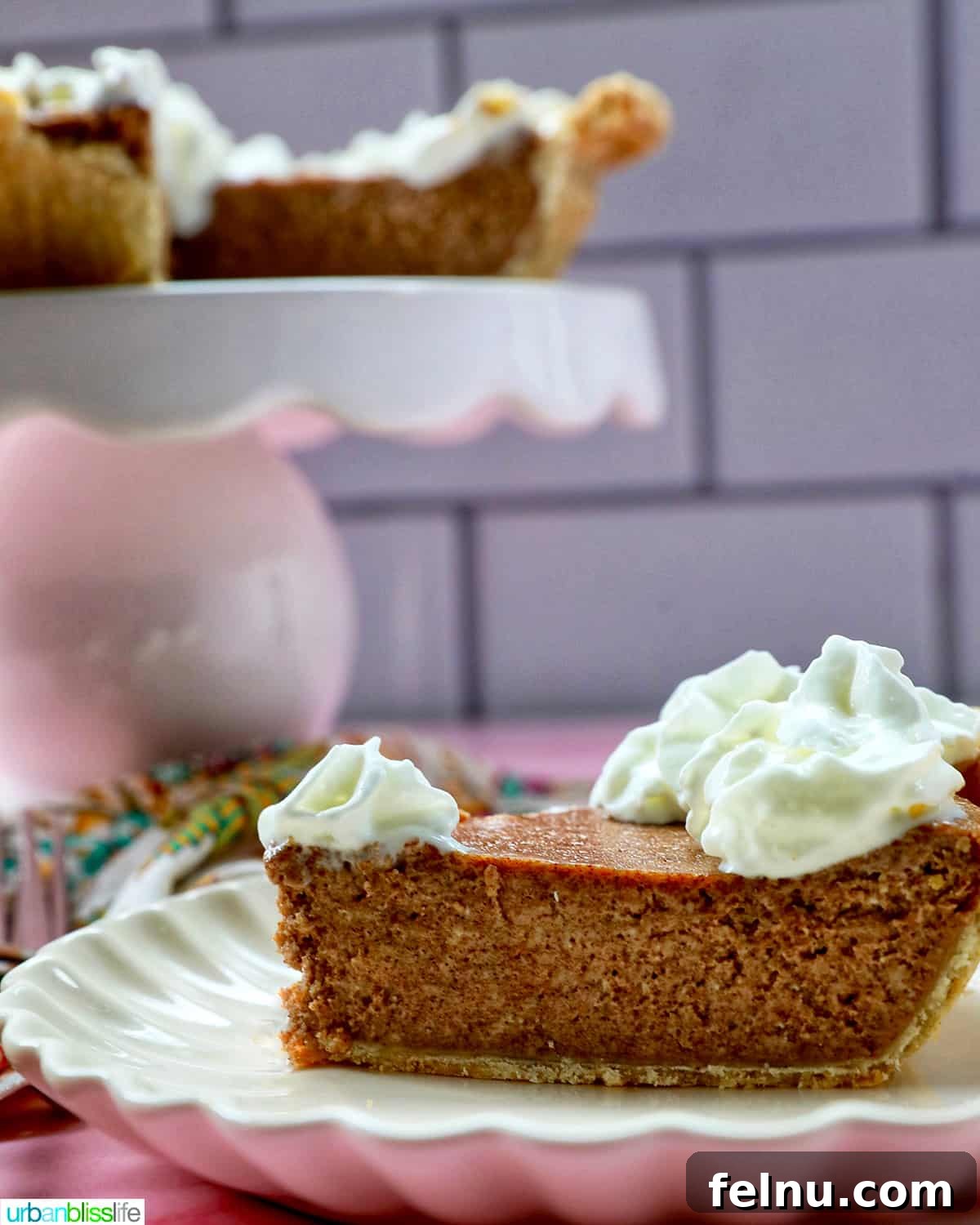 A slice of cinnamon pie adorned with whipped cream on a pink background.