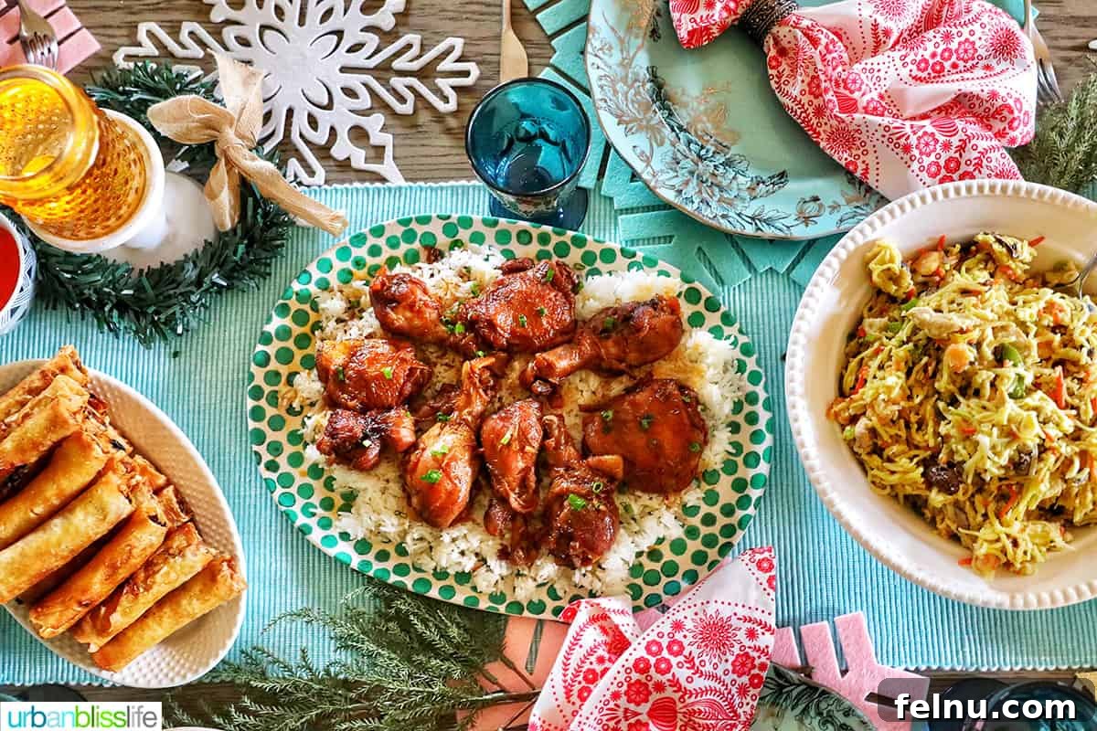 20+ Delicious Baileys Cocktails for Christmas Cheer 5 A festive holiday table setting featuring Filipino adobo, pancit, and lumpia, perfect for a Christmas feast.