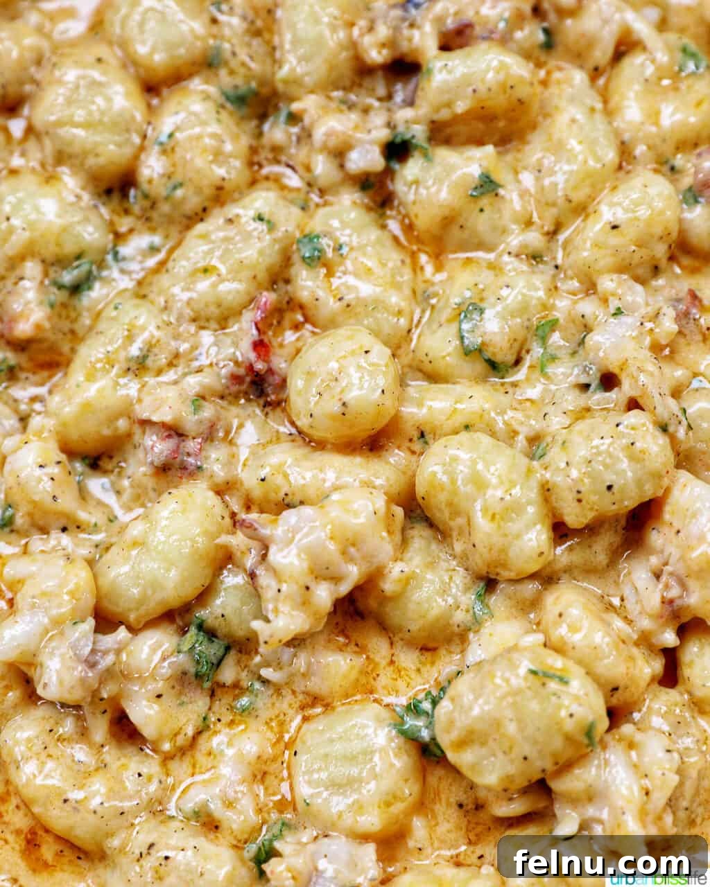 Decadent Lobster Gnocchi 12 A close-up of creamy lobster gnocchi simmering in a saucepan, absorbing the sauce.
