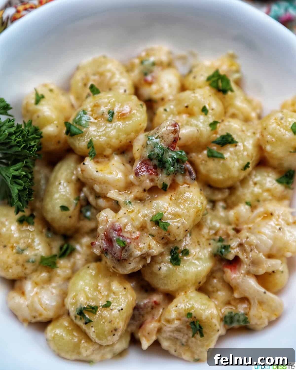 Decadent Lobster Gnocchi 14 A close-up shot of creamy lobster gnocchi in a white bowl, garnished with fresh herbs, highlighting the rich texture.