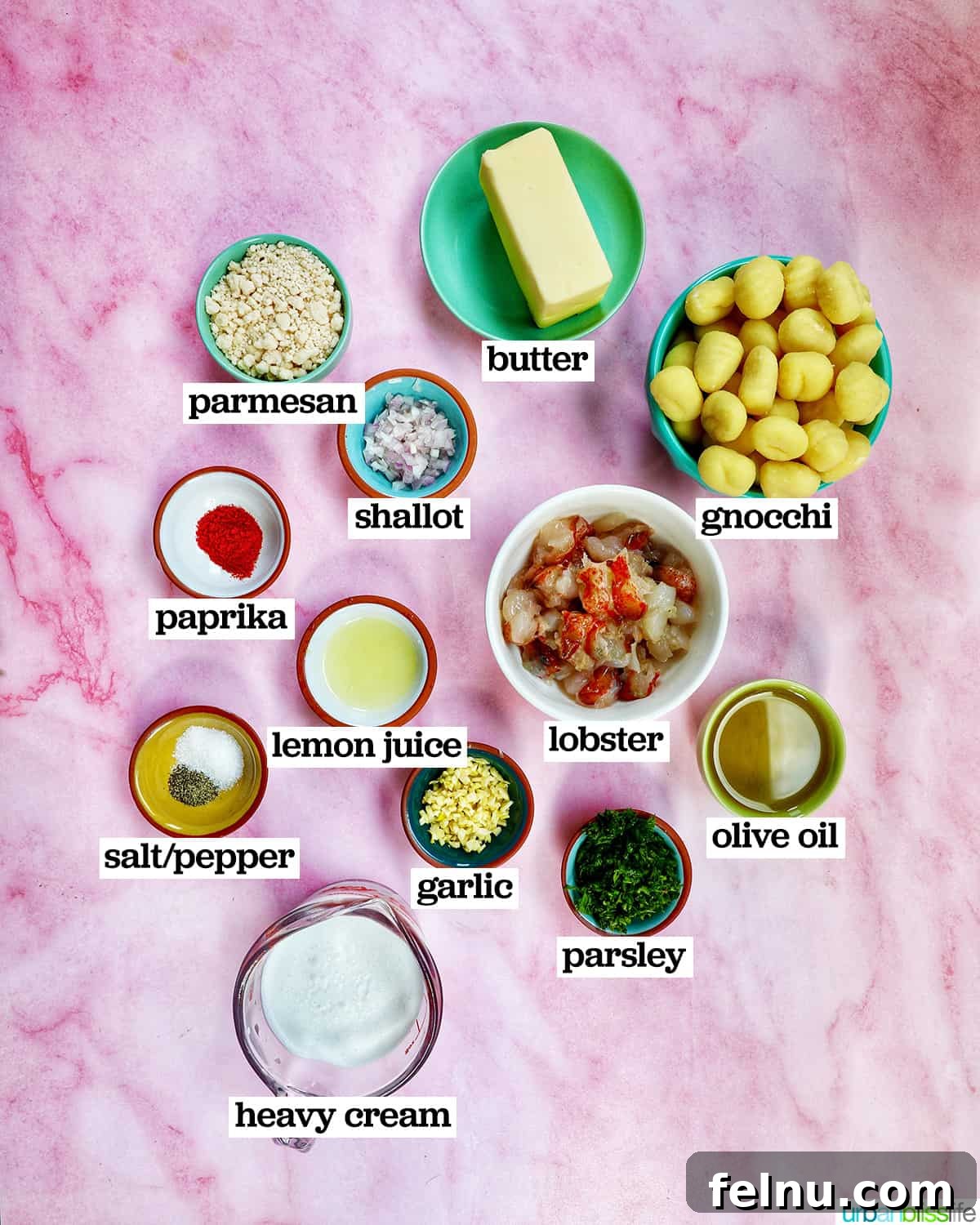 Decadent Lobster Gnocchi 4 Bowls filled with fresh ingredients including gnocchi, lobster, shallots, garlic, and cream, prepared for making lobster gnocchi.