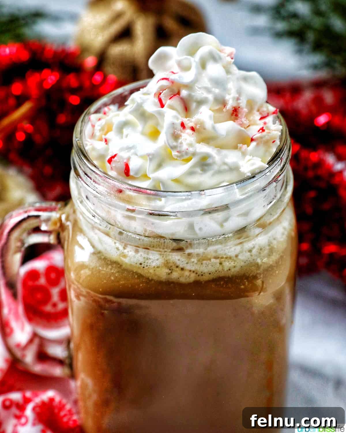 Homemade White Chocolate Peppermint Mocha in a glass mug