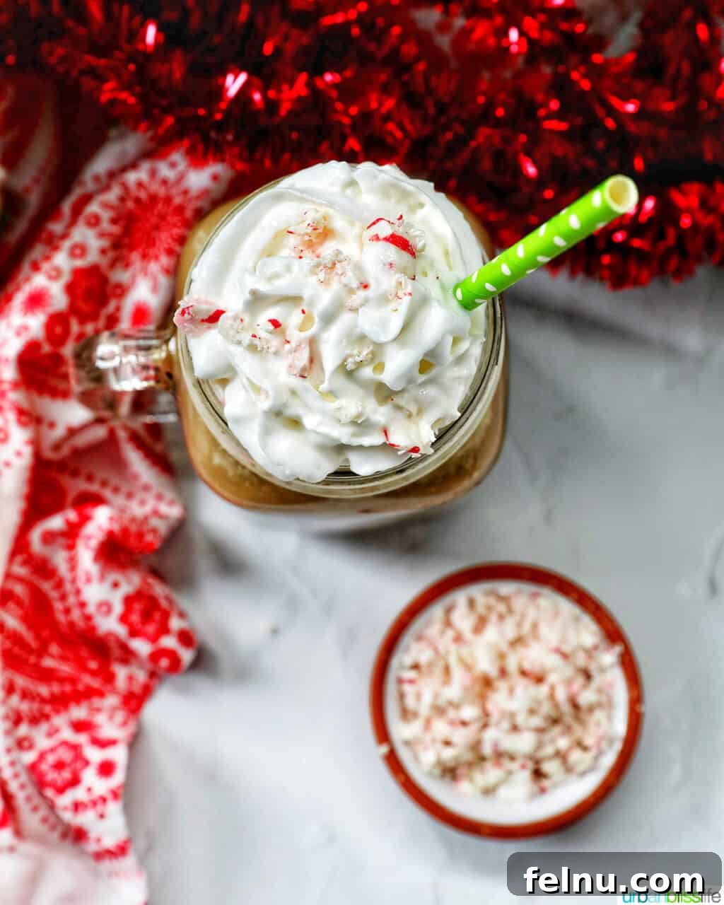 Finished White Chocolate Peppermint Mocha with straw