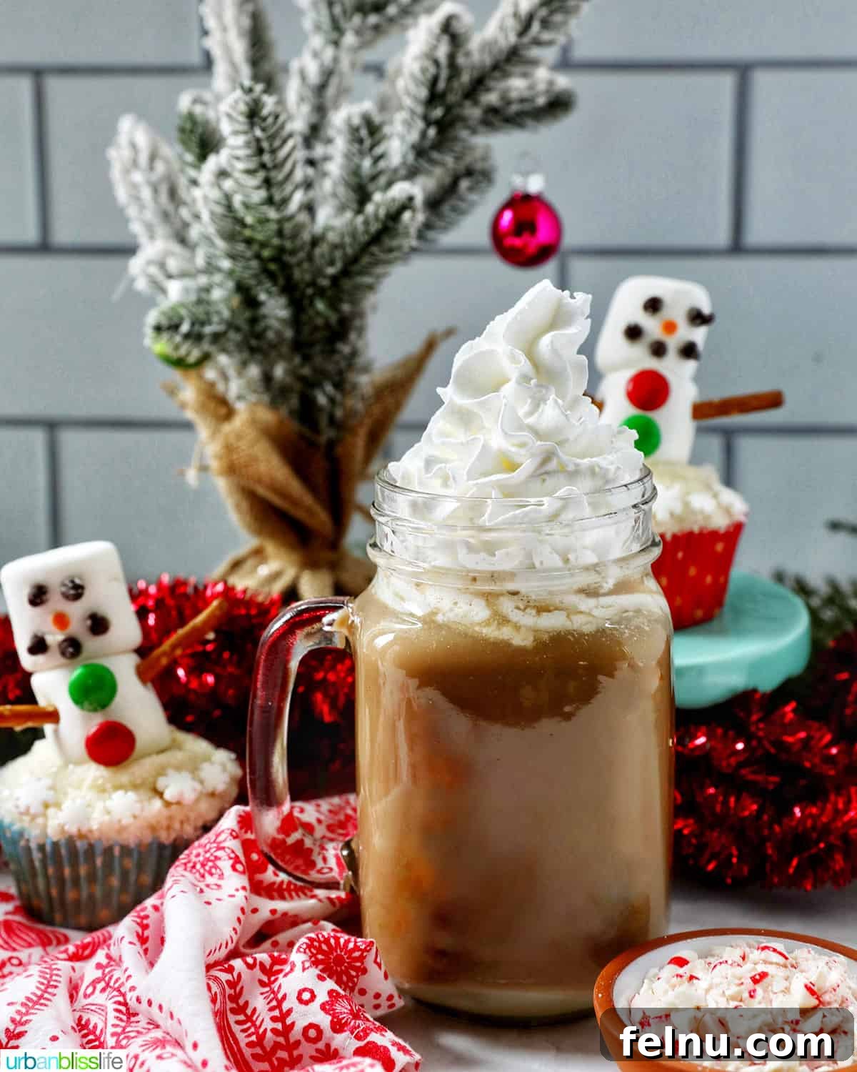 White Chocolate Peppermint Mocha with festive Christmas decorations
