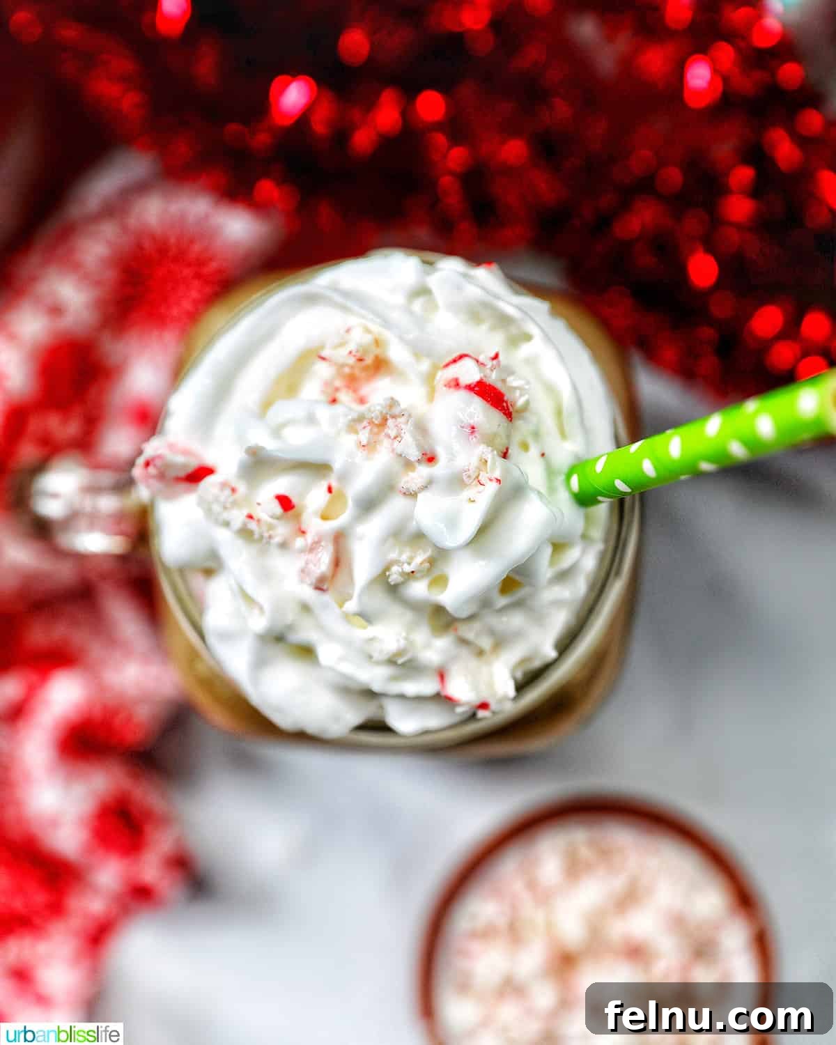 Festive White Chocolate Peppermint Mocha with Christmas decorations