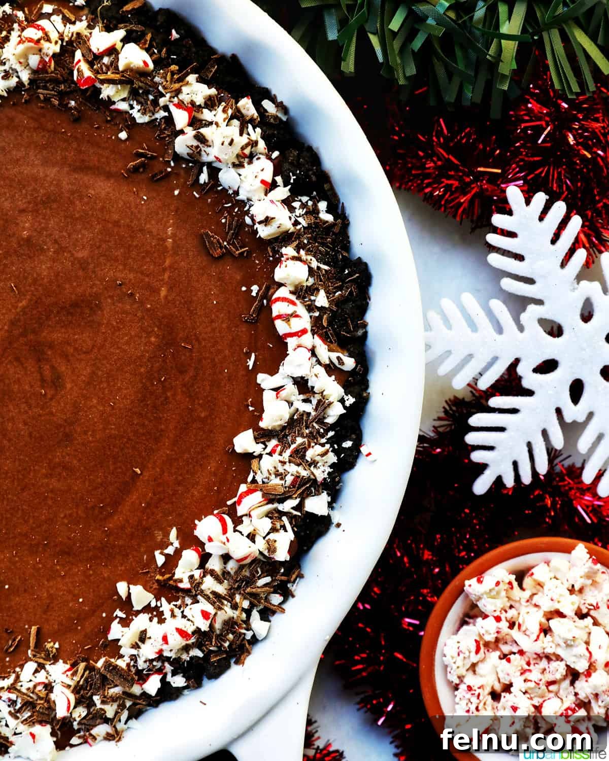 Cool Mint Chocolate Indulgence 18 A close-up shot of a rich chocolate peppermint pie in a pie plate, garnished with crushed peppermint candies, highlighting its inviting texture.