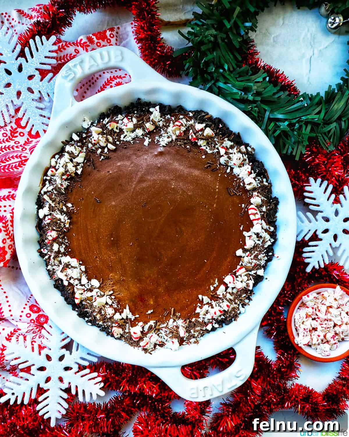 Cool Mint Chocolate Indulgence 3 A stunning chocolate peppermint pie in a pie plate, with a scattering of crushed peppermint candies on the side for garnish.