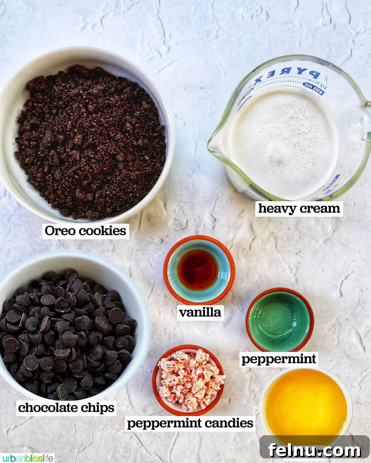 Cool Mint Chocolate Indulgence 4 Bowls filled with the core ingredients needed to make a delicious chocolate peppermint pie, neatly arranged for preparation.