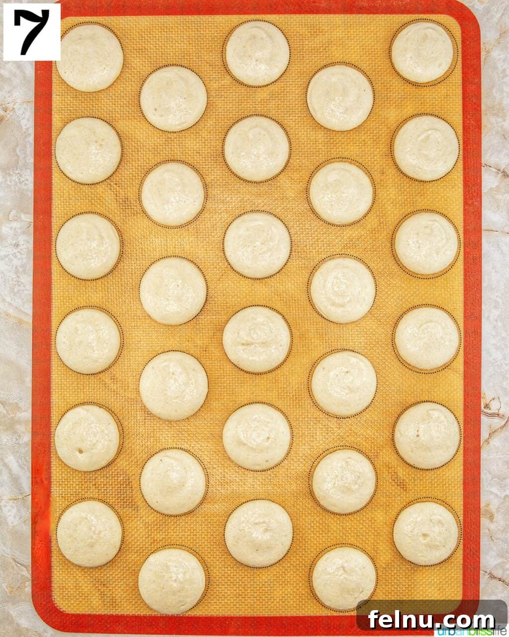 Espresso Mascarpone Macarons 14 Baking sheet with piped macaron cookie batter circles, ready for resting.