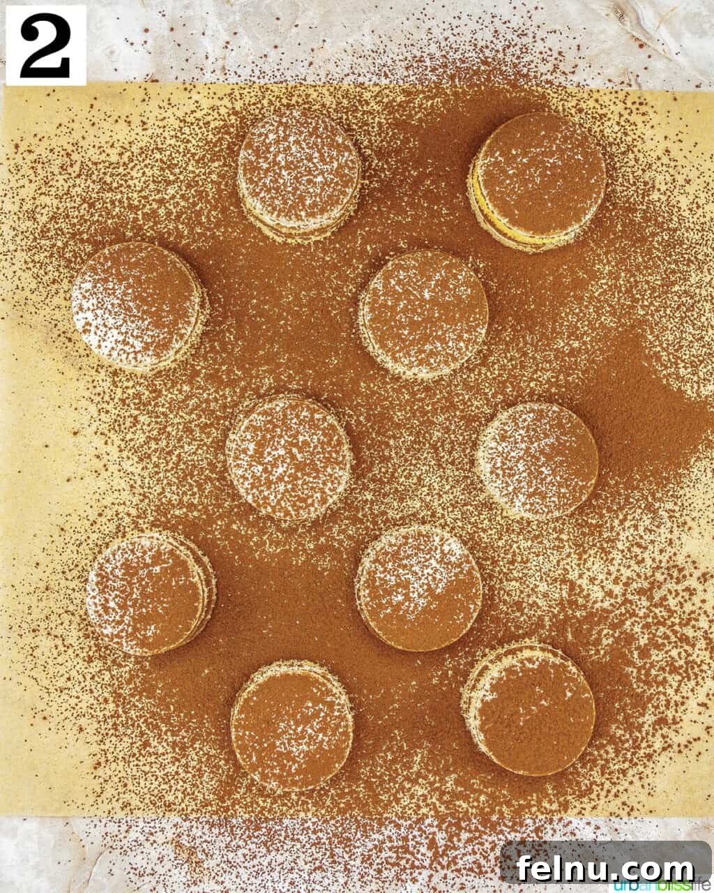 Espresso Mascarpone Macarons 20 Assembled tiramisu macarons being dusted with cocoa powder.