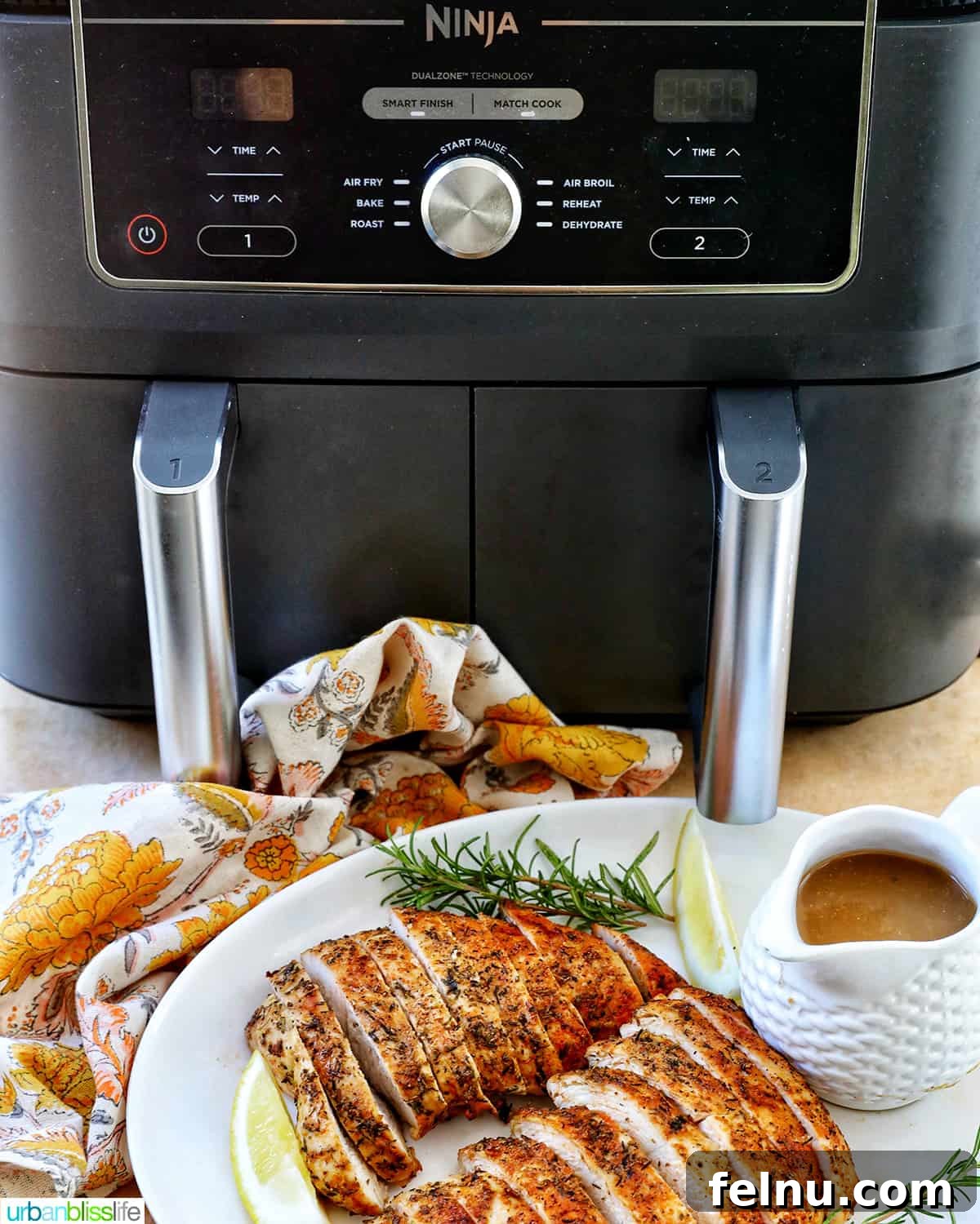 Your Stress-Free Thanksgiving Guide 7 ninja dual air fryer with a plate of sliced turkey tenderloin and gravy in front of it.
