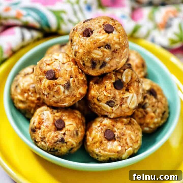 Chewy Peanut Butter Chocolate Chip Oat Bites 11 A stack of delicious Peanut Butter Chocolate Chip Oatmeal Balls on a vibrant green and yellow plate.