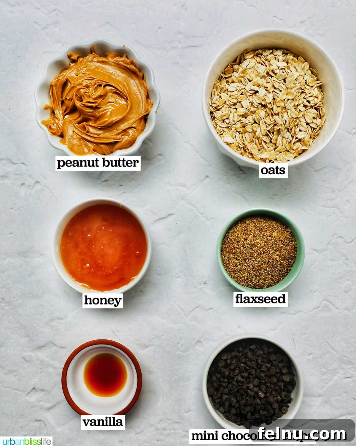 Chewy Peanut Butter Chocolate Chip Oat Bites 4 Individual bowls displaying the six key ingredients needed to prepare Peanut Butter Chocolate Chip Oatmeal Balls, neatly arranged for clarity.