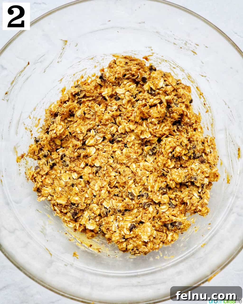 Chewy Peanut Butter Chocolate Chip Oat Bites 6 The combined mixture for Peanut Butter Chocolate Chip Oatmeal Balls sits in a glass bowl after thorough mixing, showcasing its uniform texture.