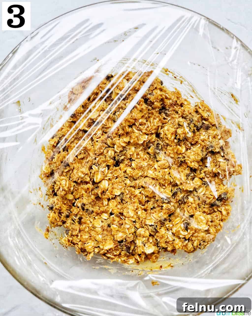 Chewy Peanut Butter Chocolate Chip Oat Bites 7 A glass bowl containing the Peanut Butter Chocolate Chip Oatmeal Ball mixture is covered tightly with plastic wrap, ready for refrigeration.