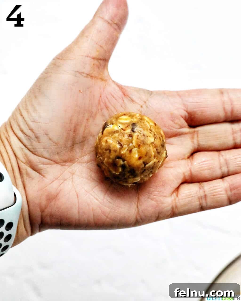 Chewy Peanut Butter Chocolate Chip Oat Bites 8 A hand holds a perfectly formed Peanut Butter Chocolate Chip Oatmeal Ball, ready to be eaten or stored.