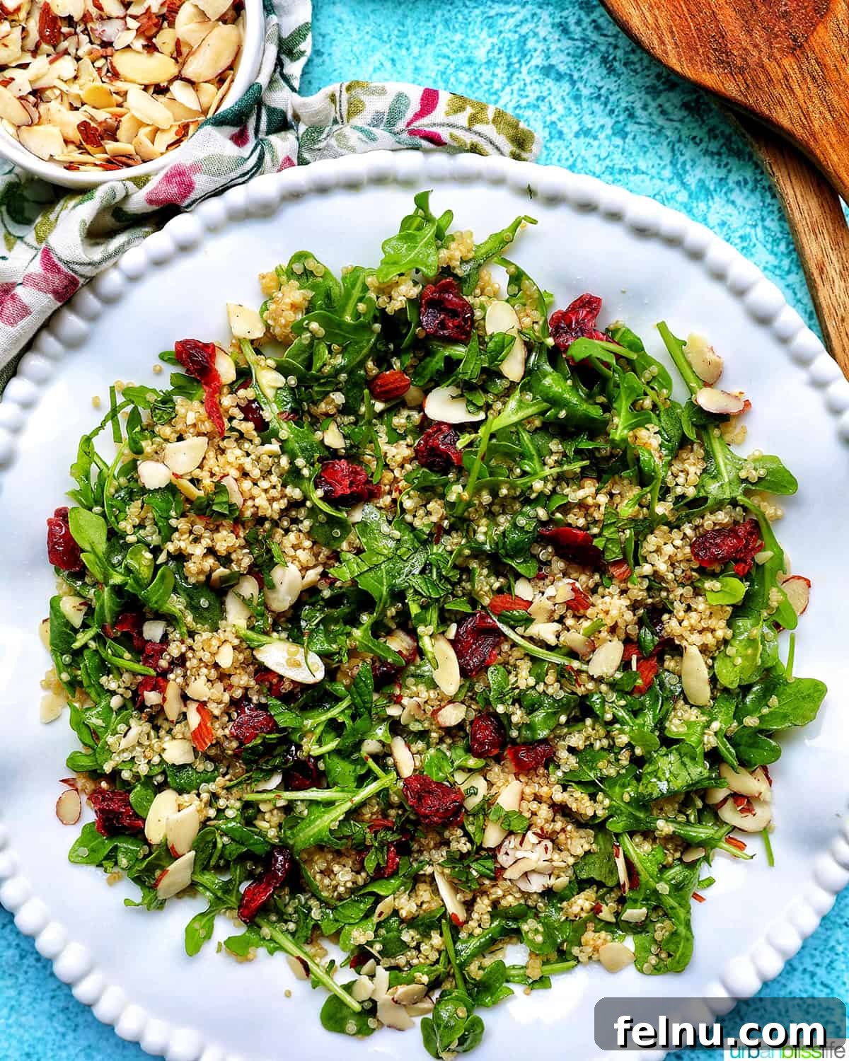Vibrant Arugula Quinoa Harvest 2 white bowl with arugula and quinoa salad with sliced almonds and dried cranberries.