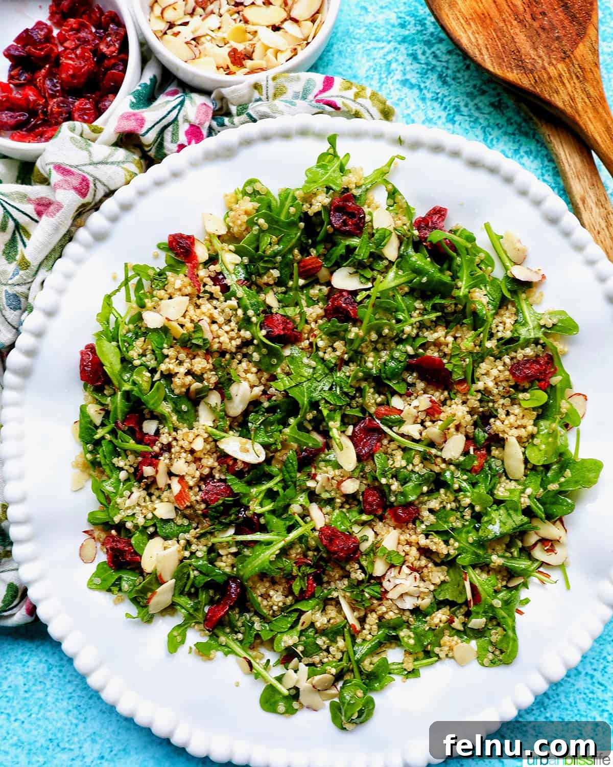 Vibrant Arugula Quinoa Harvest 11 white bowl with arugula and quinoa salad with sliced almonds and dried cranberries.