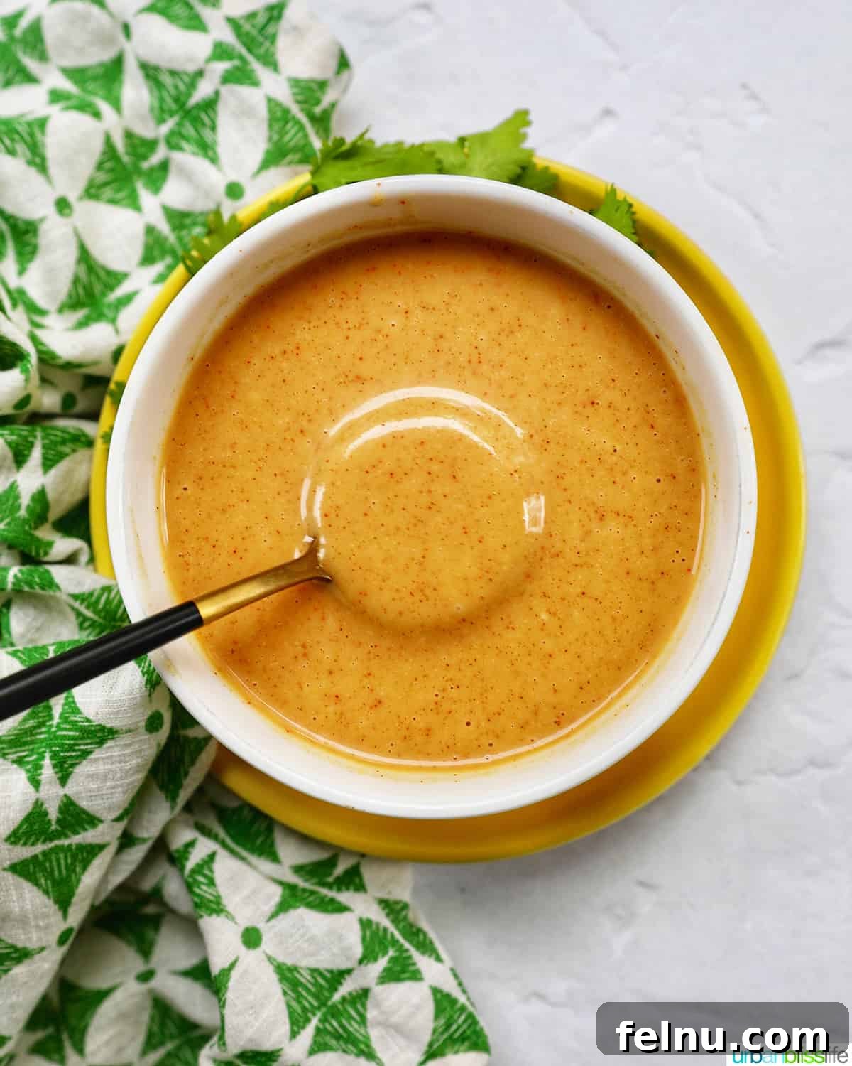 spoon in a bowl of hand dipping a chicken tender into a bowl of honey mustard dipping sauce.