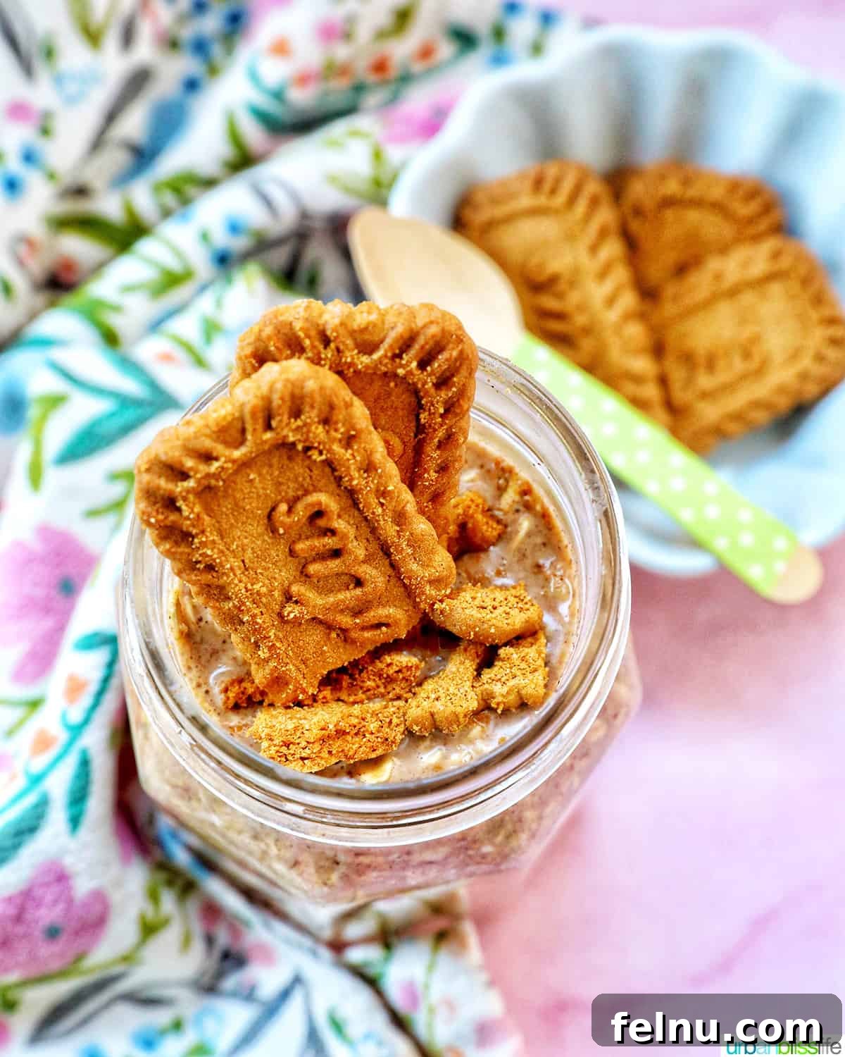 Close-up of Biscoff overnight oats with crumbled cookies.