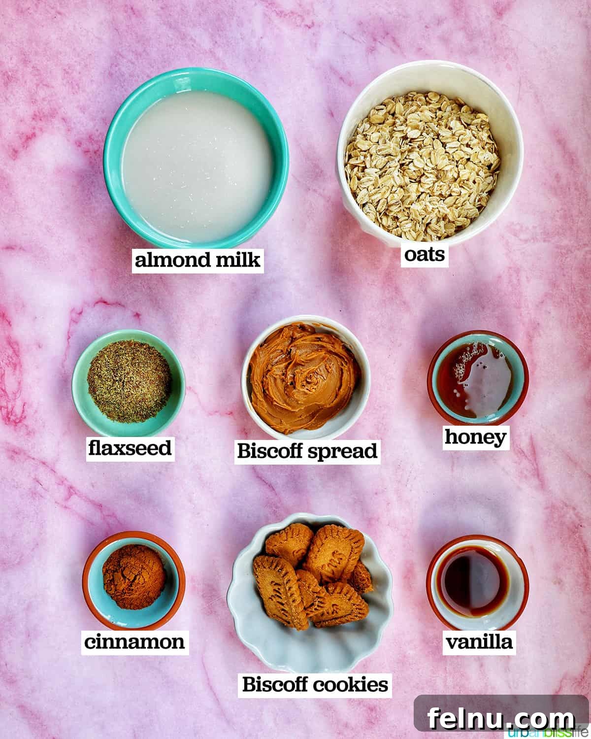 Ingredients for Biscoff overnight oats in separate bowls.