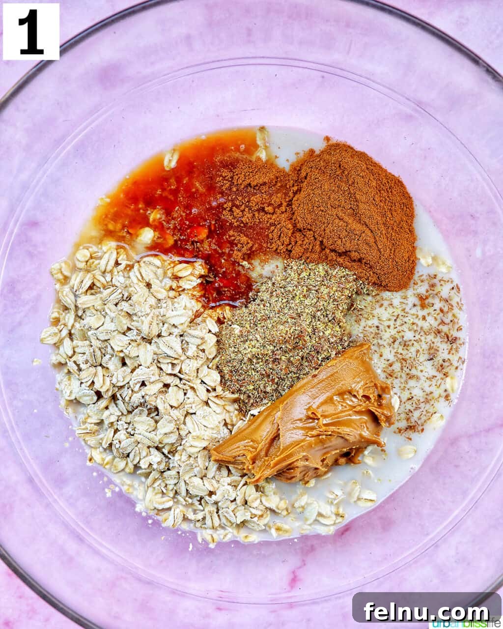 Ingredients to make Biscoff overnight oats in a large glass bowl.