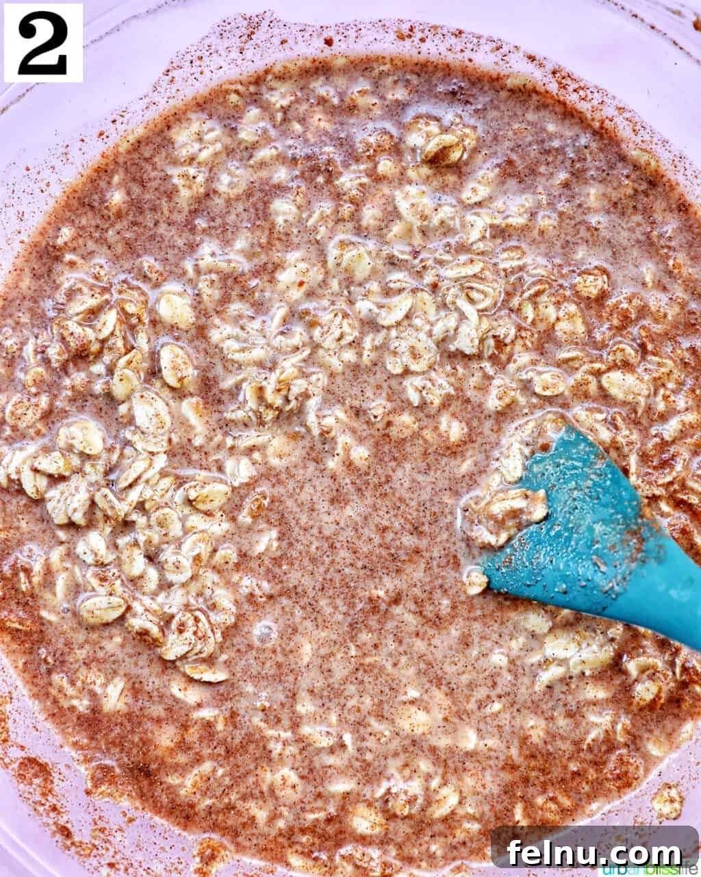 Mixed ingredients for Biscoff overnight oats in a large glass bowl.