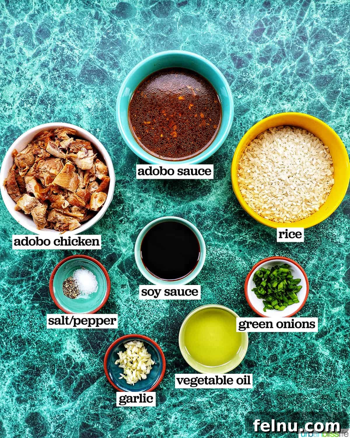 Savory Garlic Adobo Fried Rice 4 Various ingredients for Adobo Fried Rice, including shredded adobo chicken, rice, soy sauce, and fresh herbs, arranged in bowls.