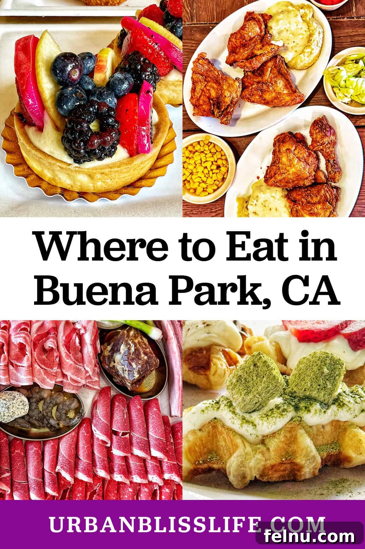 Dining Hotspots in Buena Park 2 A mouthwatering assortment of pastries, Korean BBQ, and fried chicken dishes, showcasing the diverse culinary scene of Buena Park, California.