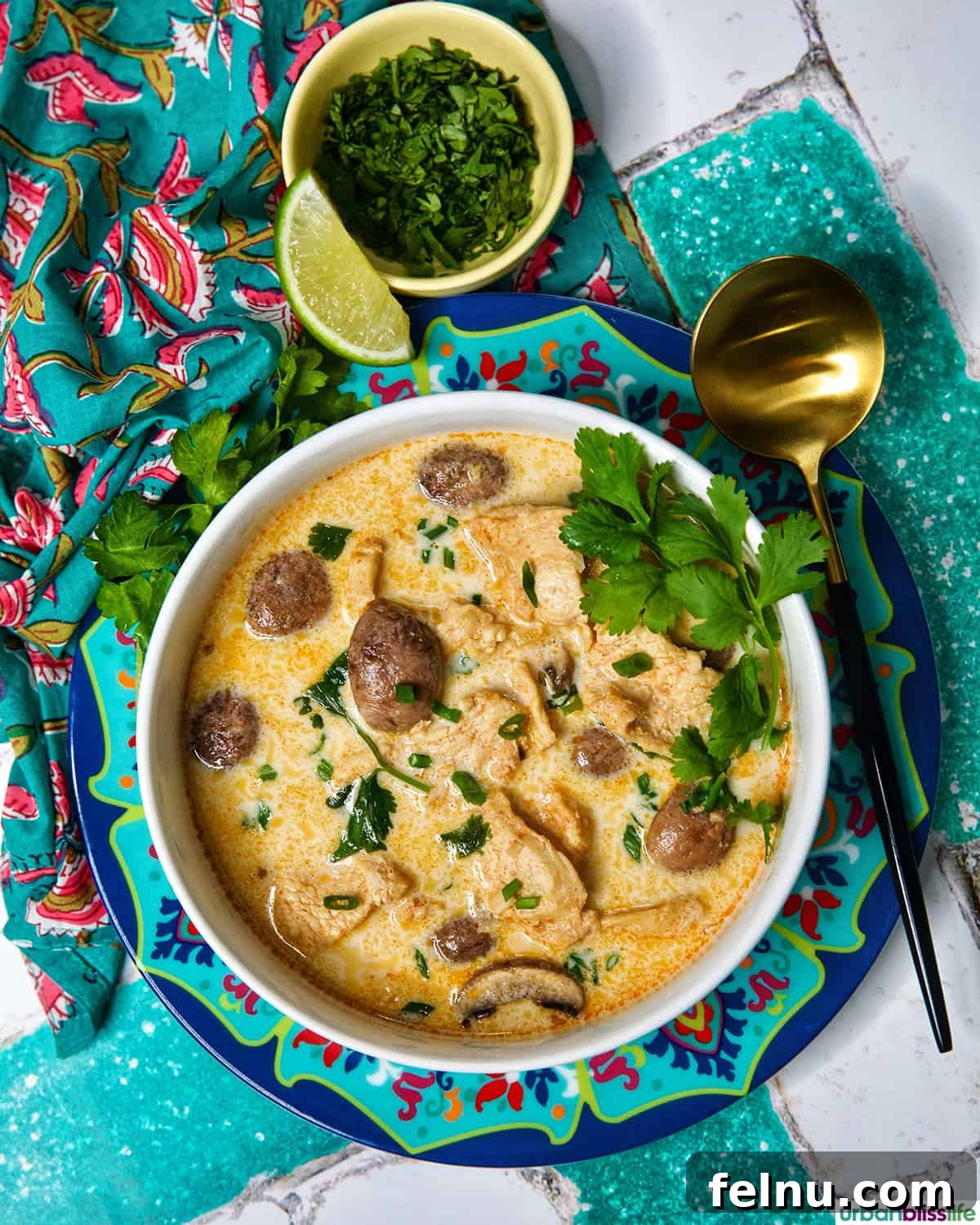 Bowl of Thai Coconut Chicken Soup (Tom Kha Gai) ready to serve