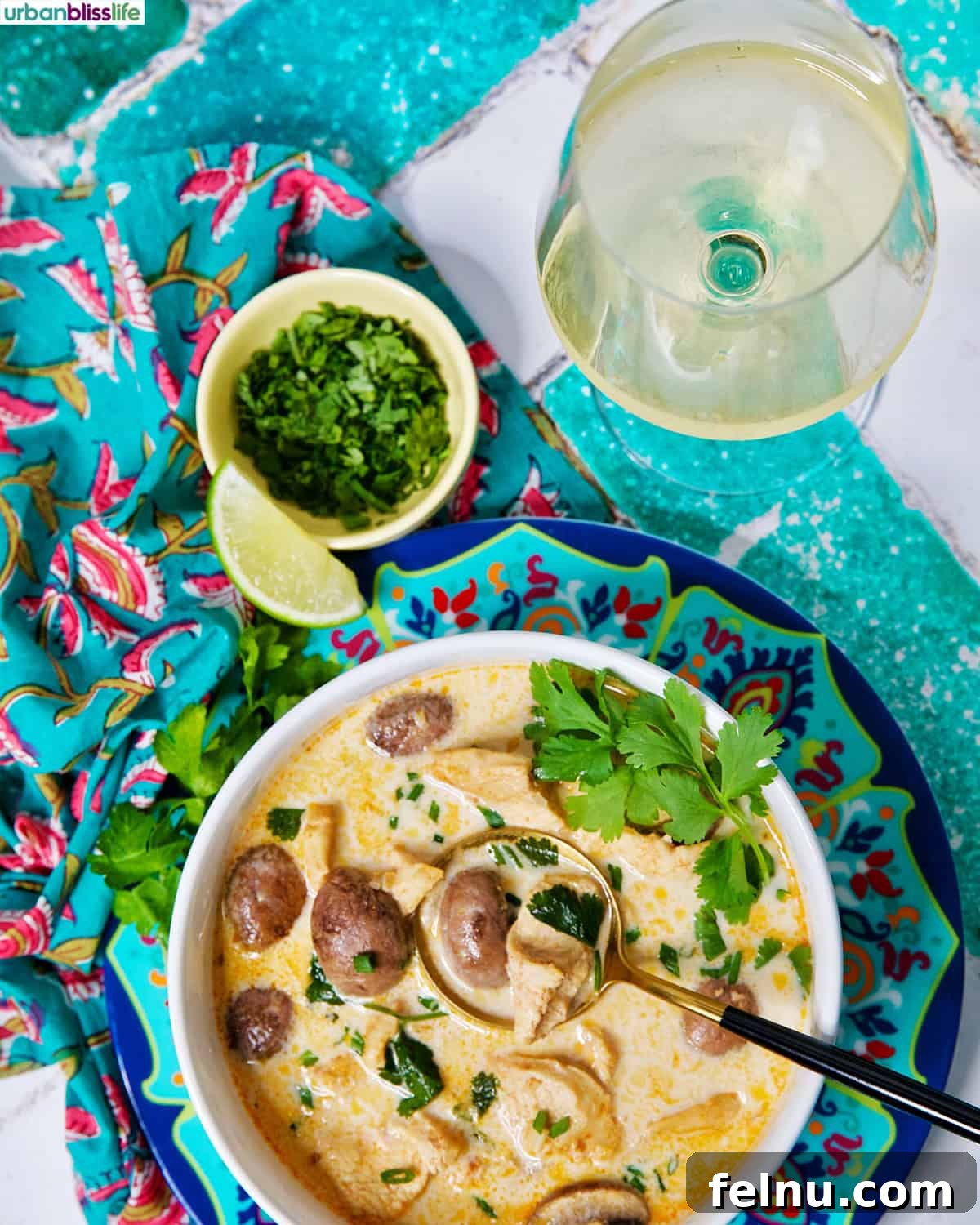 Thai Coconut Chicken Soup (Tom Kha Gai) with a glass of white wine
