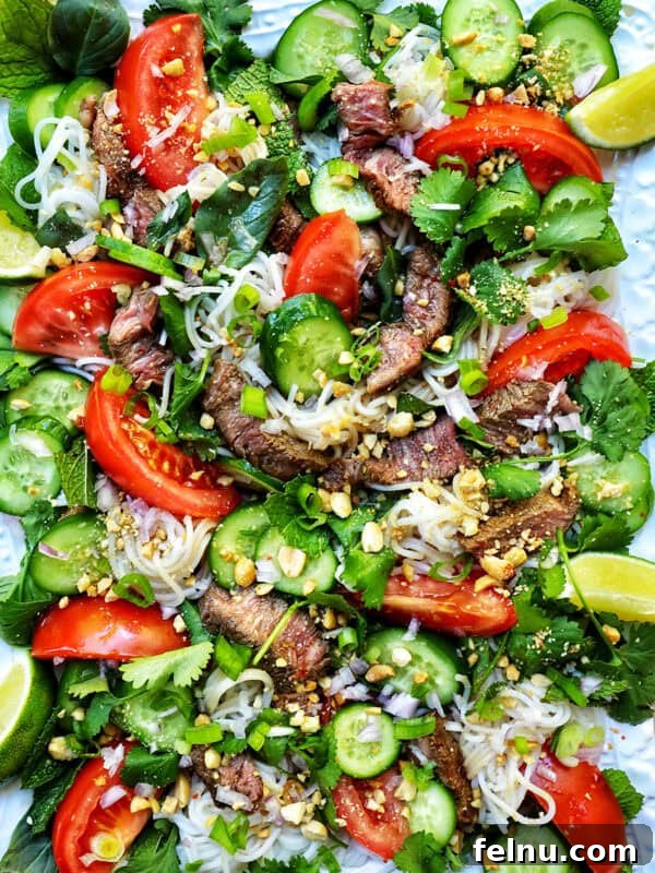 Thai beef noodle salad with tomatoes, cucumbers, and limes.
