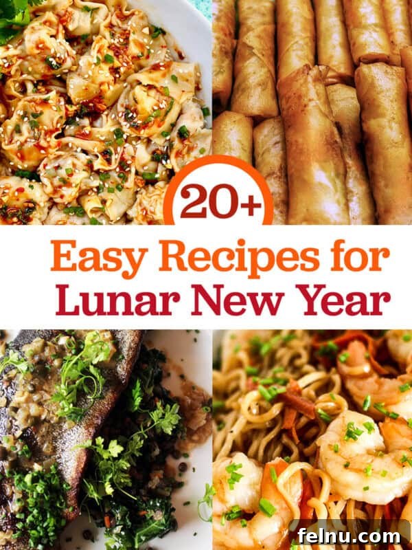 shrimp lo mein, lumpia spring rolls, trout meuniere, shrimp lo mein and title text overlay.