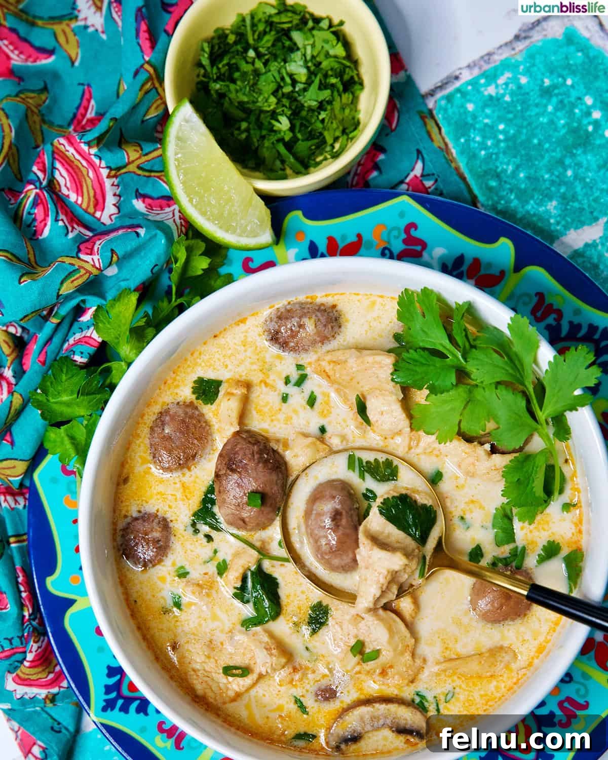 Overhead view of Thai Coconut Chicken Soup (Tom Kha Gai) with spoon